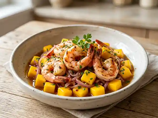 Crevettes sautées à la mangue fraîche et épices douces - Photo de présentation