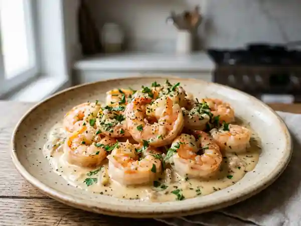 Crevettes sautées à la sauce crémeuse au fromage de chèvre - Photo de présentation