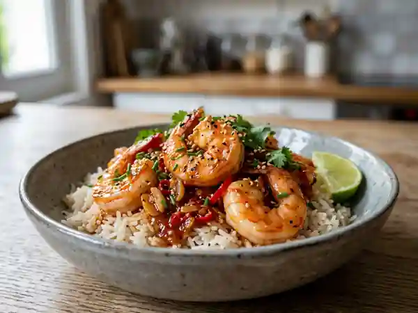 Crevettes sautées à la sauce piquante maison - Photo de présentation