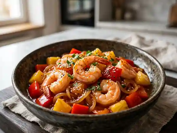 Crevettes caramélisées à l'ananas et poivron - Photo de présentation
