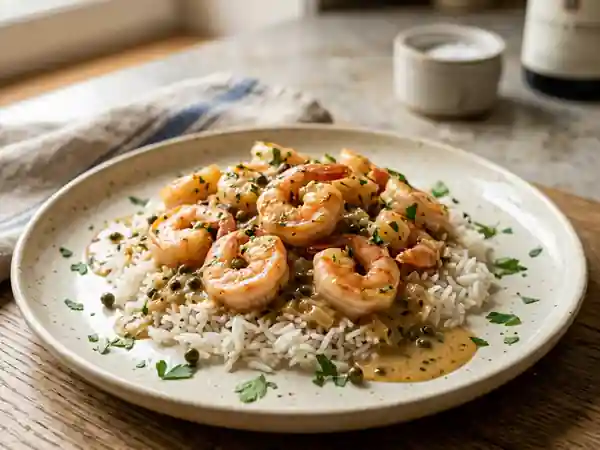 Crevettes flambées au cognac et poivre vert - Photo de présentation