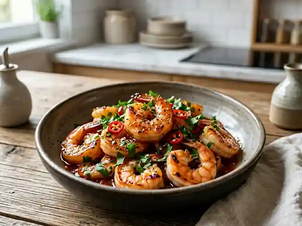 Crevettes sautées au piment et miel - Photo de présentation