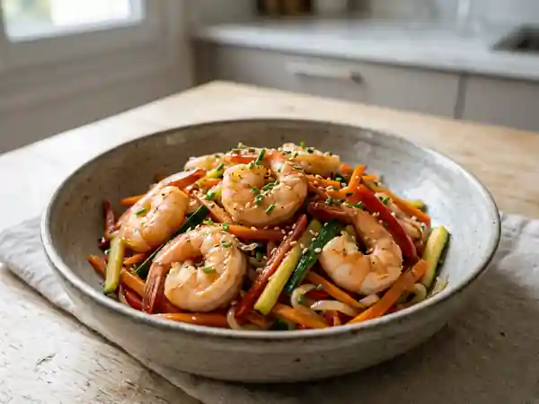Wok de crevettes au soja et légumes croquants - Photo de présentation
