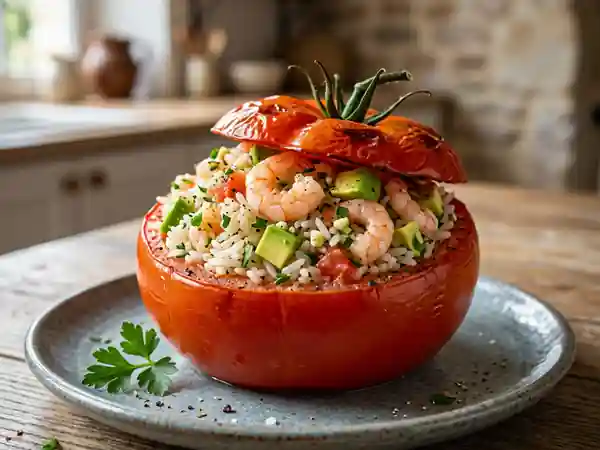 Tomates farcies au riz, crevettes et avocat - Photo de présentation
