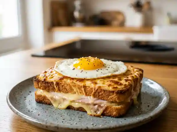 Croque Madame gourmand au jambon et fromage fondant - Photo de présentation