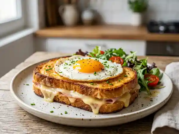 Croque-madame doré et son jaune d'œuf coulant - Photo de présentation