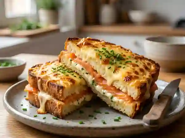 Croque-saumon doré au fromage frais et ciboulette - Photo de présentation