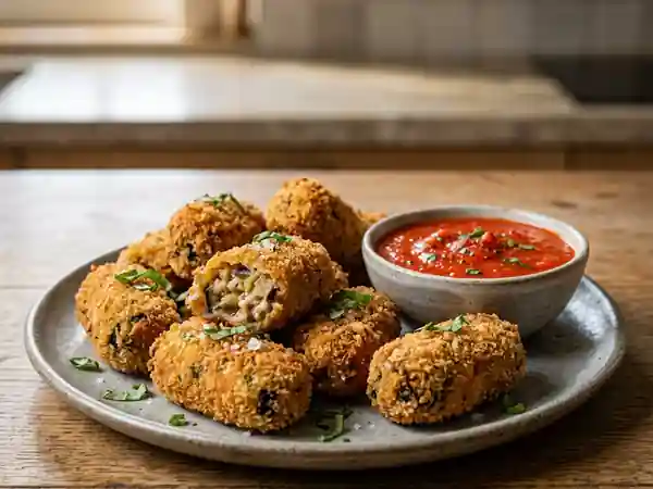 Croquettes d'aubergines croustillantes au coulis de tomate maison - Photo de présentation