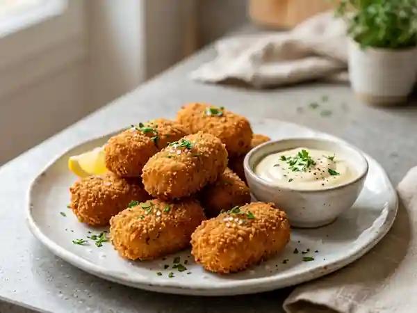 Croquettes de poisson croustillantes maison avec sauce savoureuse - Photo de présentation