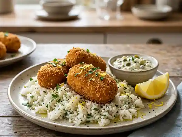 Croquettes de poisson dorées au riz - Photo de présentation