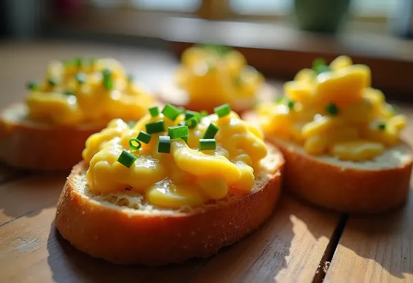 Crostinis gourmands aux fromages fondants et œufs battus onctueux