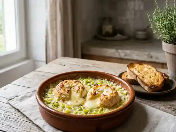 Crottins de Chavignol fondants et crème de poireaux - Photo de présentation