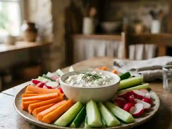 Crudités fraîches et fondue crémeuse au roquefort - Photo de présentation