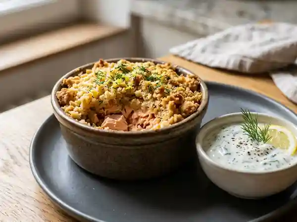 Crumble au saumon frais et sa sauce yaourt citron légère - Photo de présentation