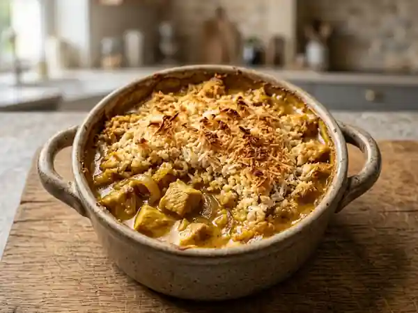 Crumble de coco croustillant sur curry de dinde - Photo de présentation