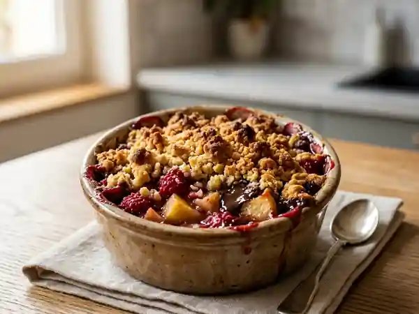 Crumble gourmand au chocolat, pommes et framboises - Photo de présentation