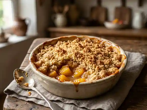 Crumble gourmand aux pêches juteuses et macarons amaretti - Photo de présentation