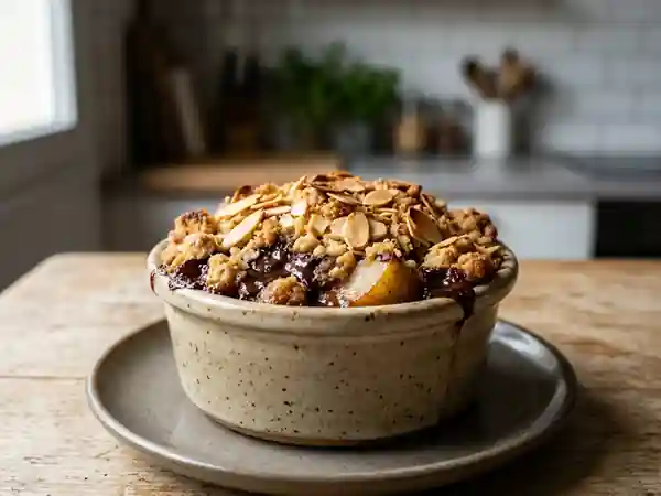 Crumble gourmand aux poires, amandes et chocolat fondant - Photo de présentation
