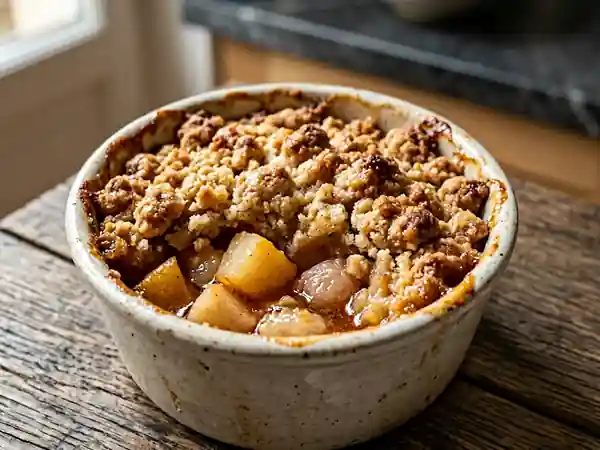Crumble gourmand aux poires et litchis parfumé au cognac - Photo de présentation
