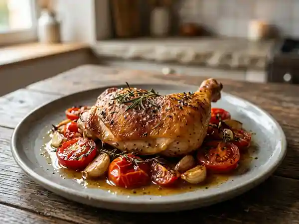 Cuisse de poulet rôtie à la toscane aux herbes et tomates - Photo de présentation