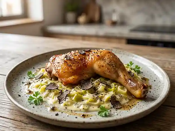 Poulet aux truffes et fondue de poireaux soyeuse - Photo de présentation