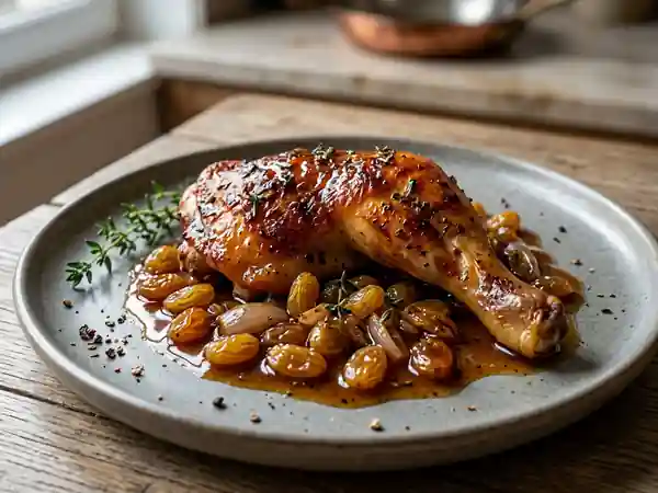 Cuisses de poulet fondantes au miel et raisins secs - Photo de présentation