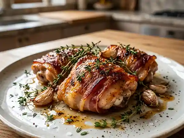 Poulet rôti au lard et thym, peau craquante - Photo de présentation