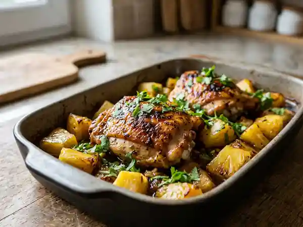 Cuisses de poulet rôties à l'ananas caramélisé, saveur exotique - Photo de présentation