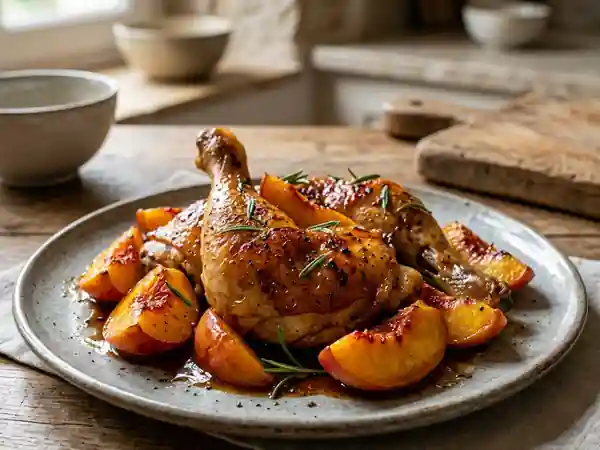 Cuisses de poulet rôties aux pêches caramélisées - Photo de présentation
