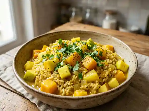 Riz crémeux au curry et fruits exotiques - Photo de présentation