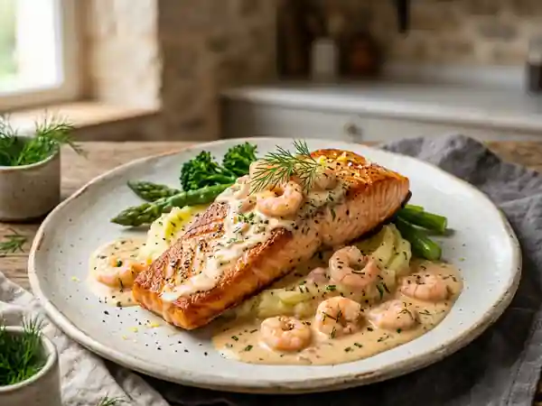 Saumon poêlé et sa crème onctueuse aux crevettes - Photo de présentation