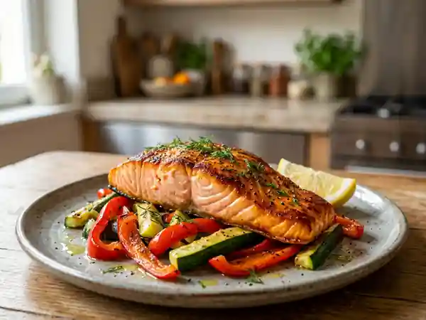 Darne de saumon grillée au paprika et ses légumes croquants - Photo de présentation