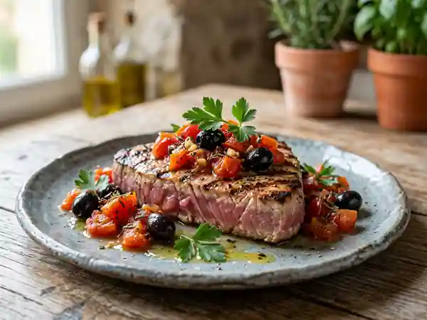Darne de thon rouge grillée à la provençale, saveurs méditerranéennes - Photo de présentation