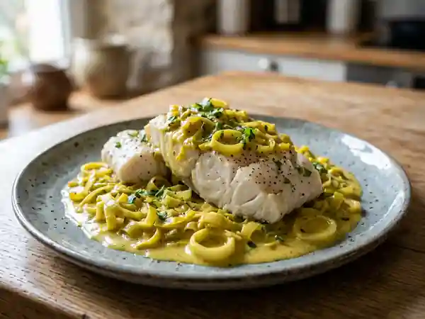 Darnes de cabillaud fondantes aux poireaux et curry parfumé - Photo de présentation