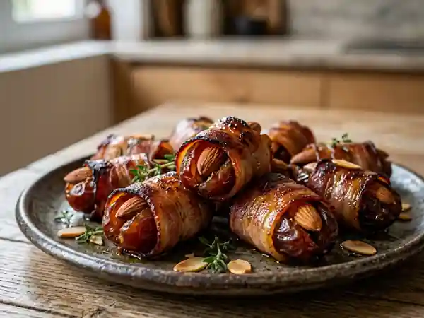 Dattes farcies au bacon croustillant et amandes grillées : apéritif gourmand - Photo de présentation