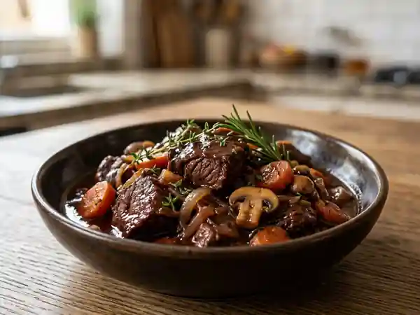 Sanglier mijoté au vin rouge et champignons - Photo de présentation