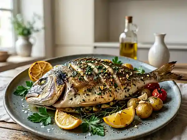 Daurade au four, peau croustillante ail-persil - Photo de présentation