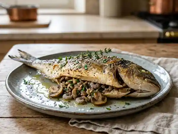 Daurade rôtie aux crevettes et champignons - Photo de présentation