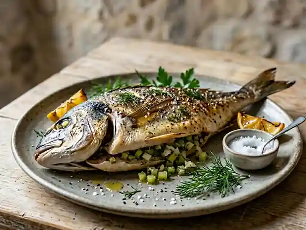 Daurade rôtie, farce croquante céleri et herbes - Photo de présentation