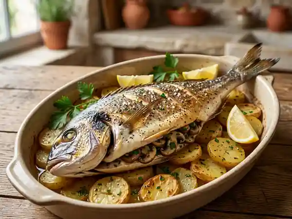 Daurade farcie forestière et pommes fondantes - Photo de présentation