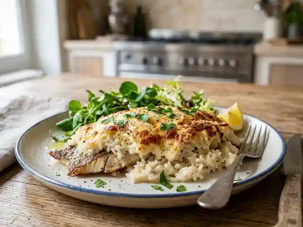 Daurade fondante sous son riz gratiné - Photo de présentation