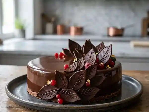 Décoration élégante de gâteaux avec des feuilles de chocolat maison - Photo de présentation