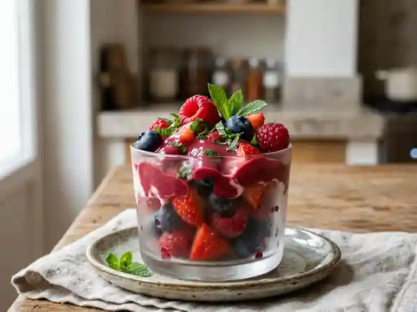 Baies fraîches et coulis tiède à la crème - Photo de présentation
