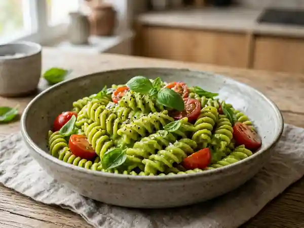Fusilli à la crème d'avocat fondante et basilic - Photo de présentation