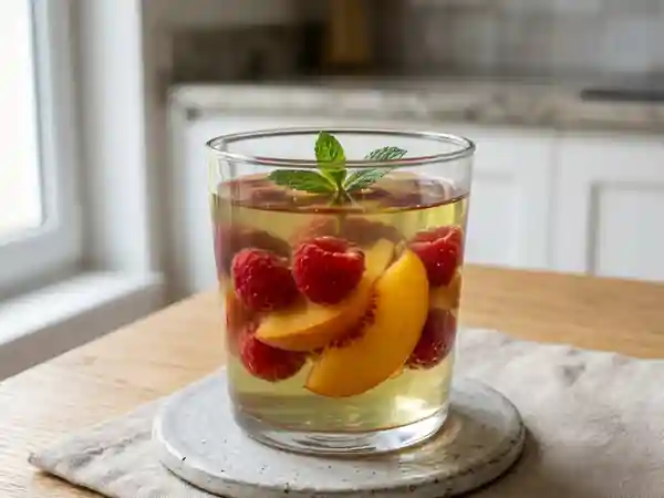 Duo de pêches et framboises en gelée mentholée - Photo de présentation