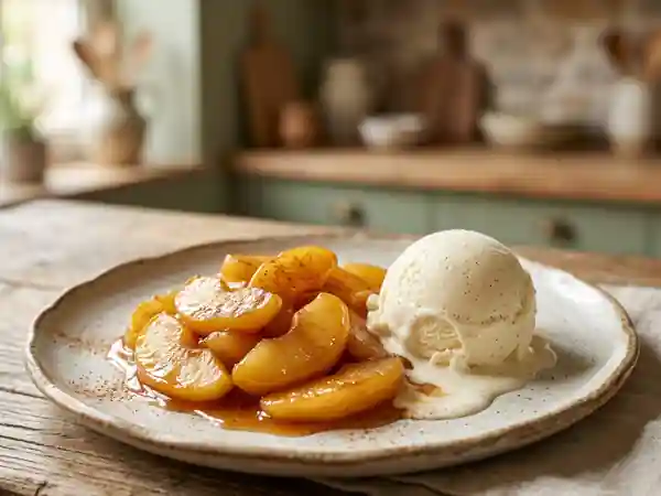 Pommes fondantes caramélisées et glace vanille - Photo de présentation