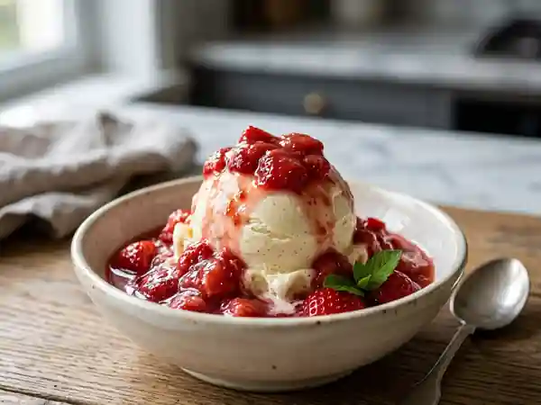 Fraises écrasées et glace vanille onctueuse - Photo de présentation