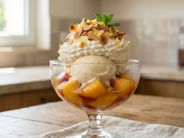 Délice glacé aux pêches fraîches : coupe gourmande et fruitée - Photo de présentation