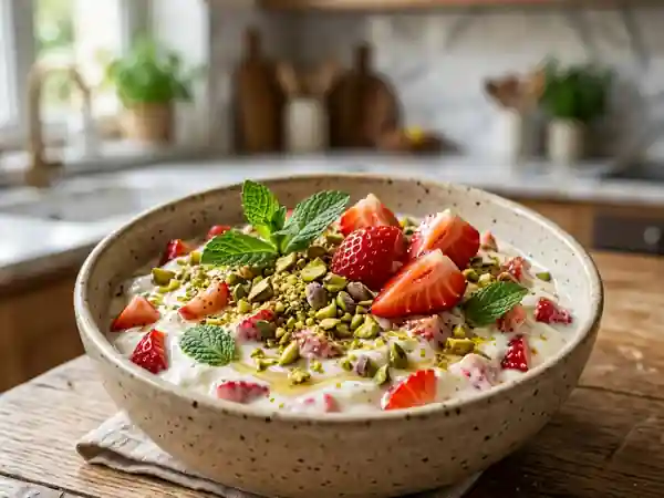 Fraises juteuses et pistaches au miel - Photo de présentation