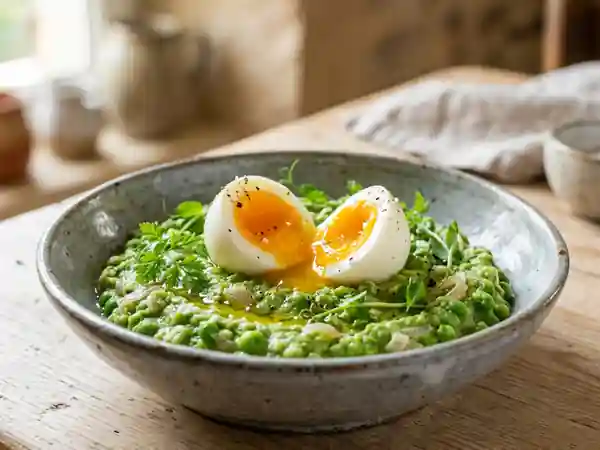Délice gourmand aux petits pois et œufs frais - Photo de présentation